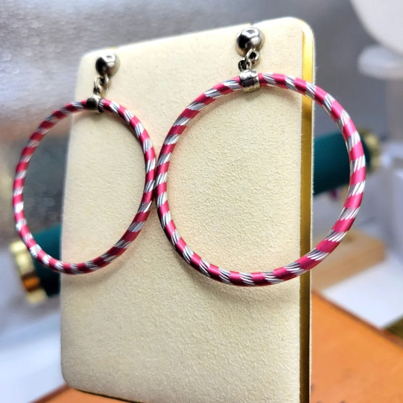 Hula Hoop Metal Earrings / Candy Cane Stripes / Pink & Silver / Pierced - Picture 3 of 4